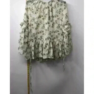 Walter Baker Women's L Green Floral Ruffle Chiffon Top Long Sleeve NWT Cottage